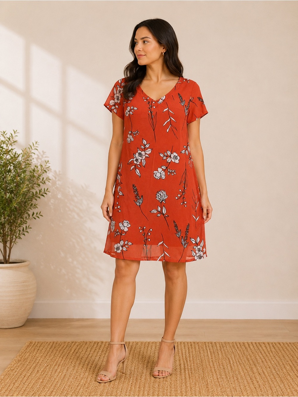 APT. 9 Orange Floral Sheer Knee Length Dress Size Small